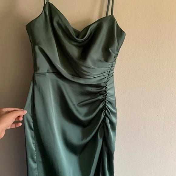 green emerald velvet dress Berylove Women Eucalyptus Wedding Guest Dress with Appliques Ruched Slit A Line Maxi Dress, Eucalyptus / US6